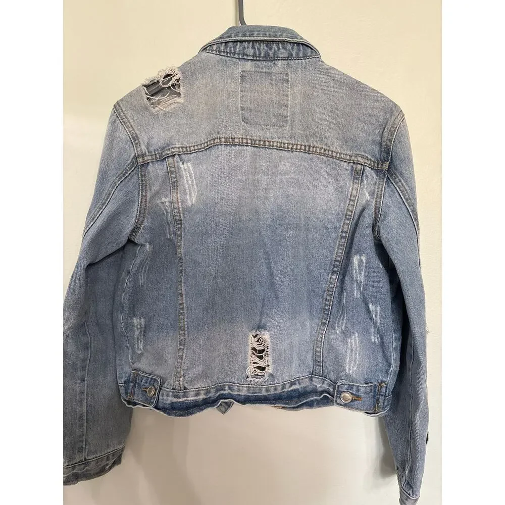 Angel Kiss Distressed Denim Jacket Women’s Large Cropped Light Wash - Picture 2 of 3